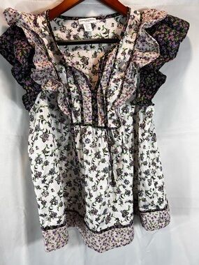 Carolina Belle White & Purple Floral Ruffle V-Neck Blouse